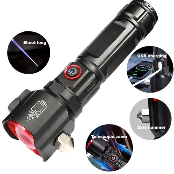 Versatile High Power LED Flashlight – Focus Light, Power Bank & Window Hammer