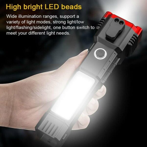 Versatile High Power LED Flashlight – Focus Light, Power Bank & Window Hammer