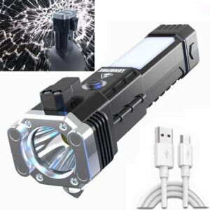 Versatile High Power LED Flashlight – Focus Light, Power Bank & Window Hammer