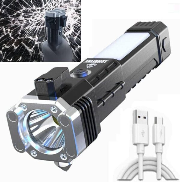 Versatile High Power LED Flashlight – Focus Light, Power Bank & Window Hammer