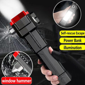 Versatile High Power LED Flashlight – Focus Light, Power Bank & Window Hammer